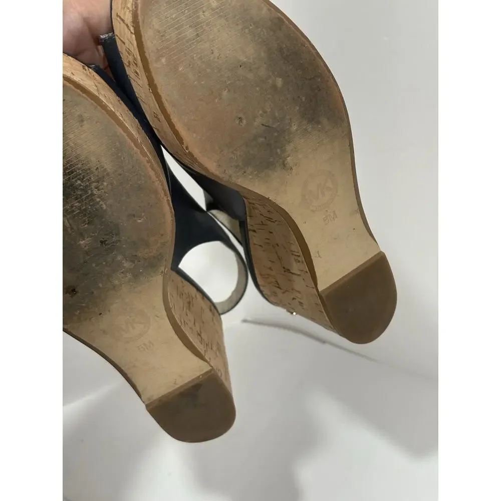 Michael Kors Women's Natalia Sling Back Wedge Cork‎ Sandal Leather Peep Toe 5M
